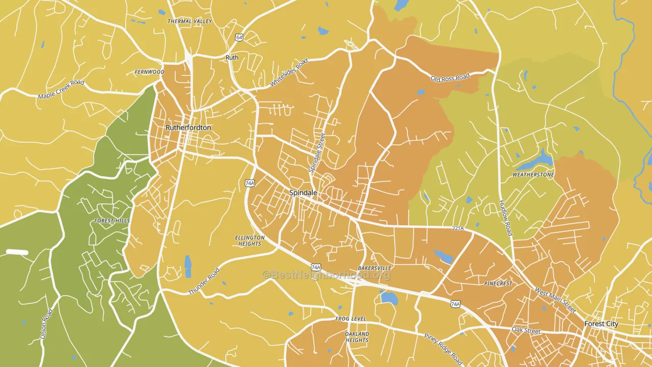 Map of the best neighborhoods in the Spindale area, with better matches in green and worse matches in red
