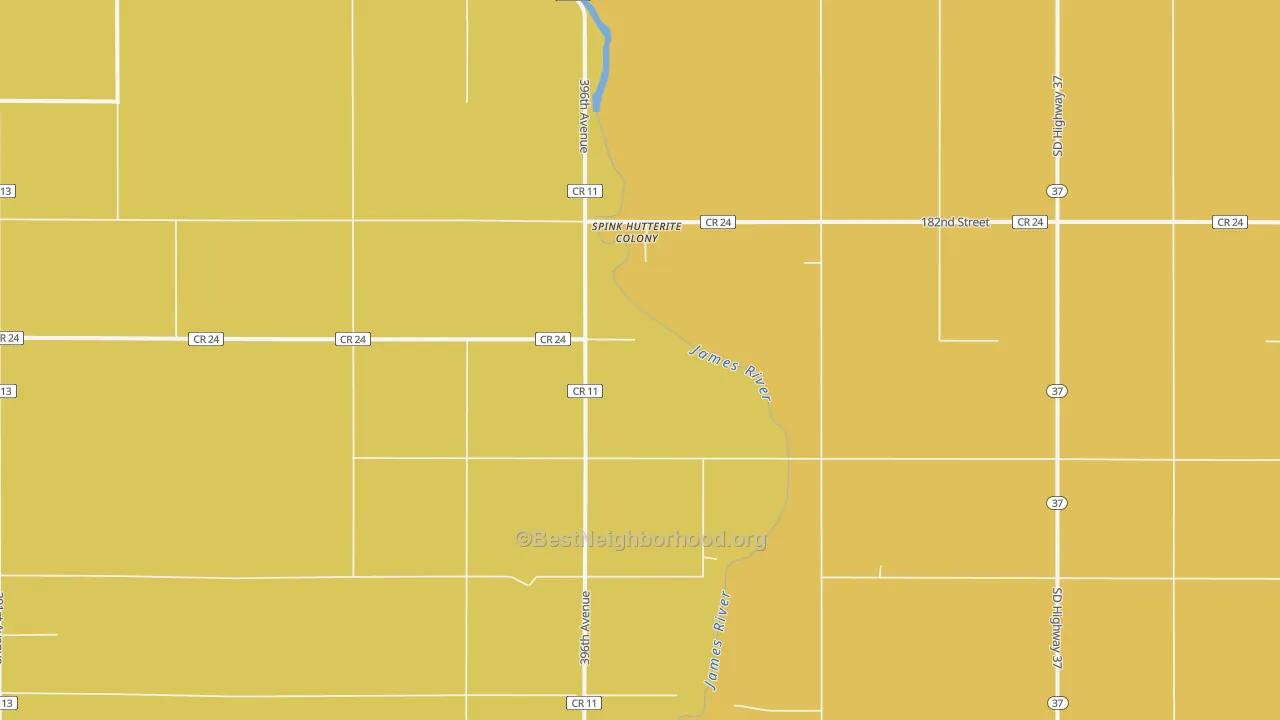 Map of the best neighborhoods in the Spink Colony area, with better matches in green and worse matches in red