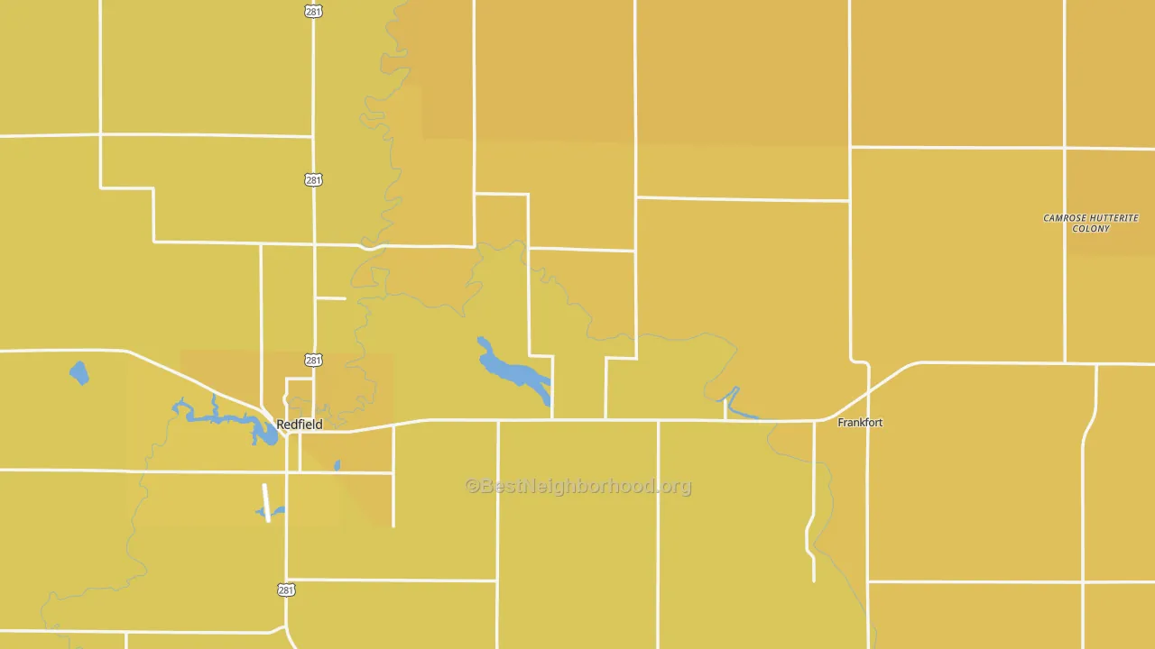 Map of the best neighborhoods in the Spink County area, with better matches in green and worse matches in red