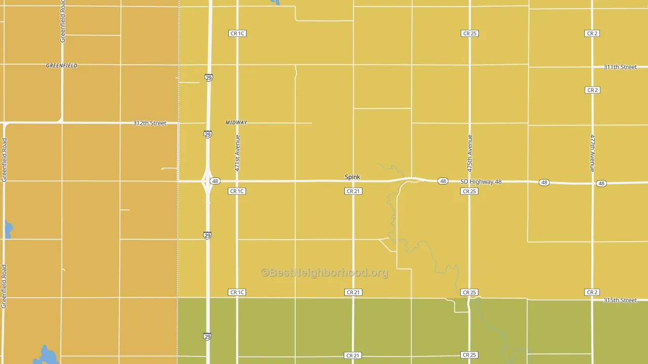 Map of the best neighborhoods in the Spink area, with better matches in green and worse matches in red