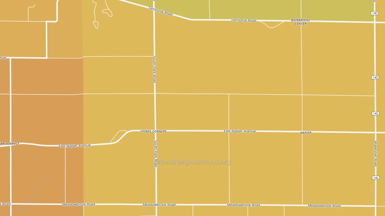 Map of the best neighborhoods in the Spinks Corners area, with better matches in green and worse matches in red