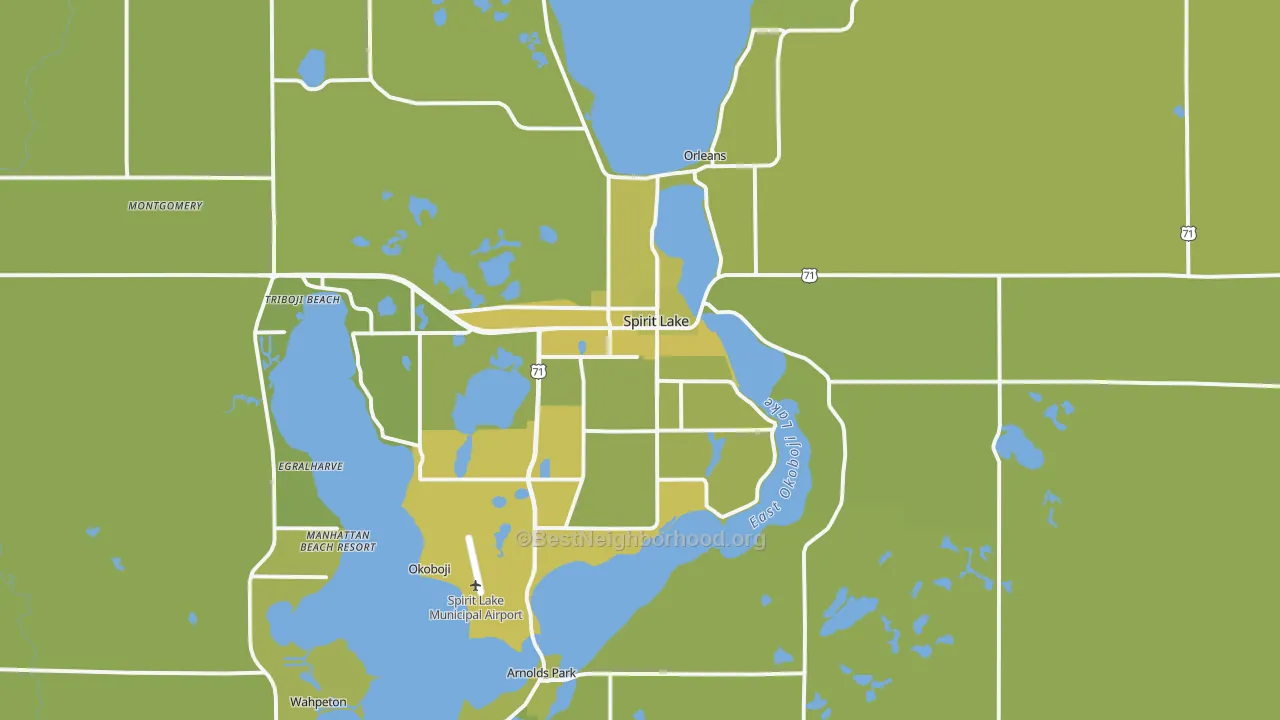 Map of the best neighborhoods in the Spirit Lake area, with better matches in green and worse matches in red