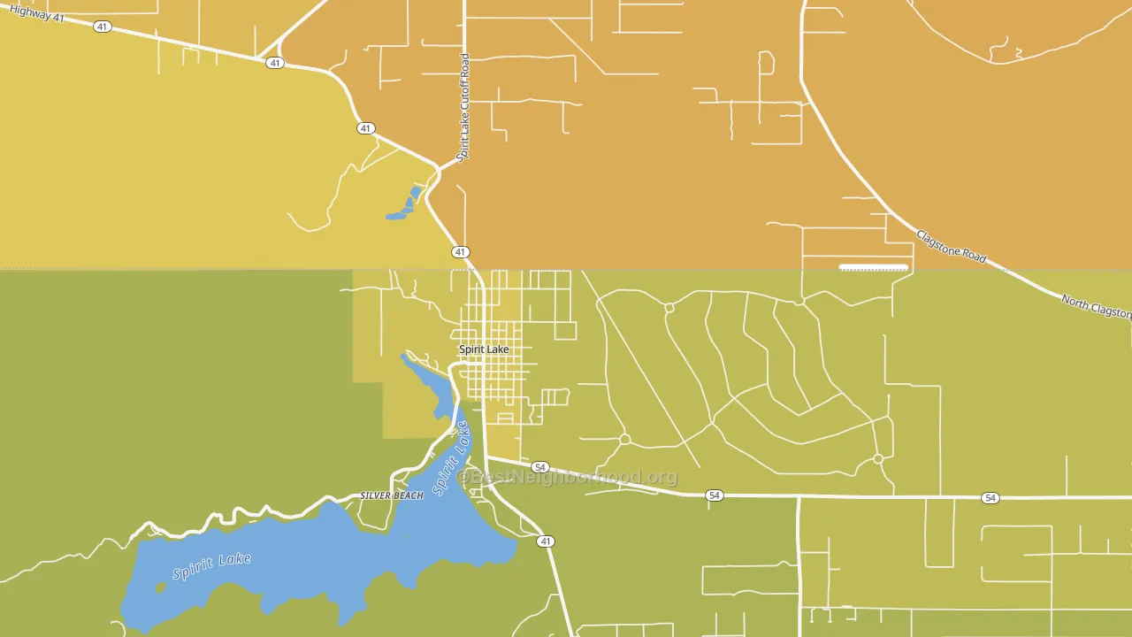 Map of the best neighborhoods in the Spirit Lake area, with better matches in green and worse matches in red