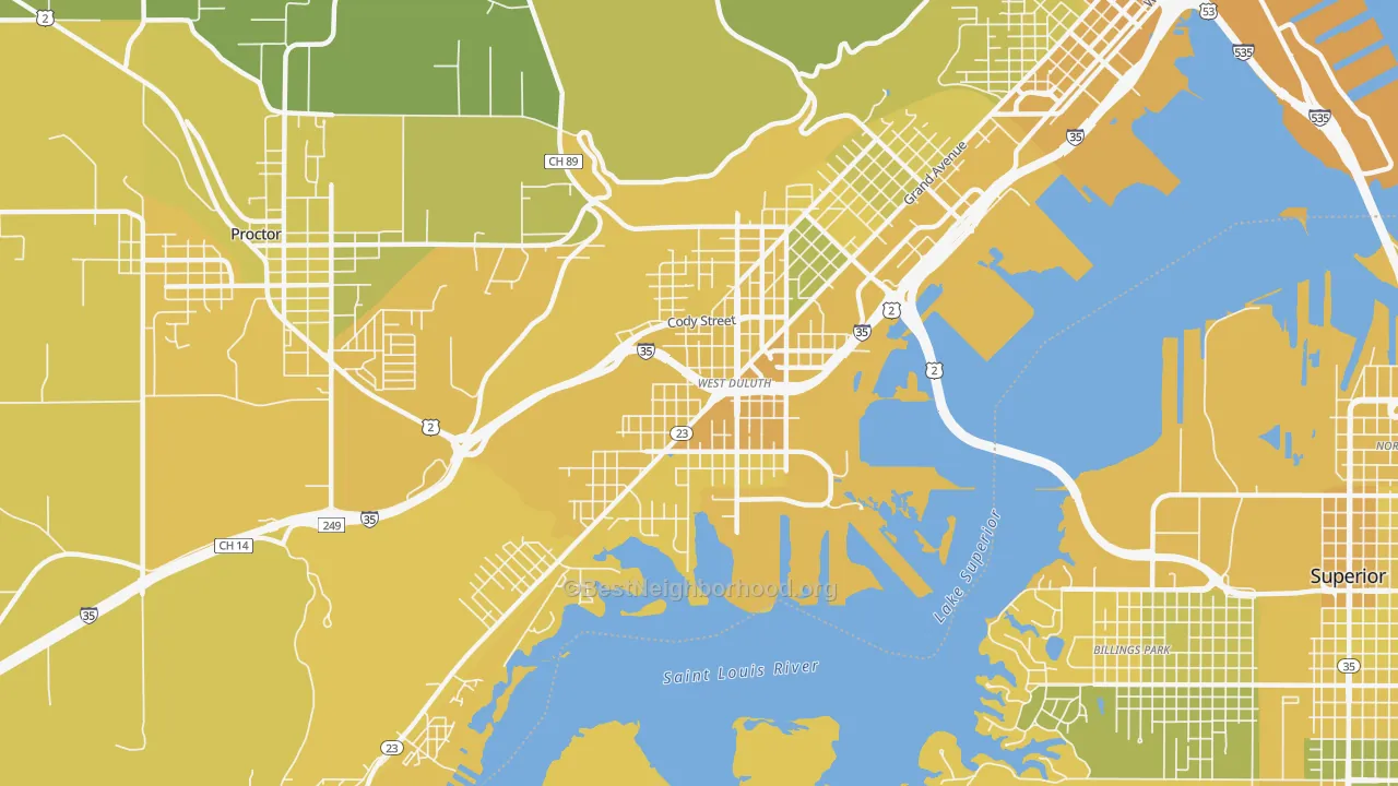 Map of the best neighborhoods in the Spirit Valley-Denfeld-Norton Park, Duluth area, with better matches in green and worse matches in red
