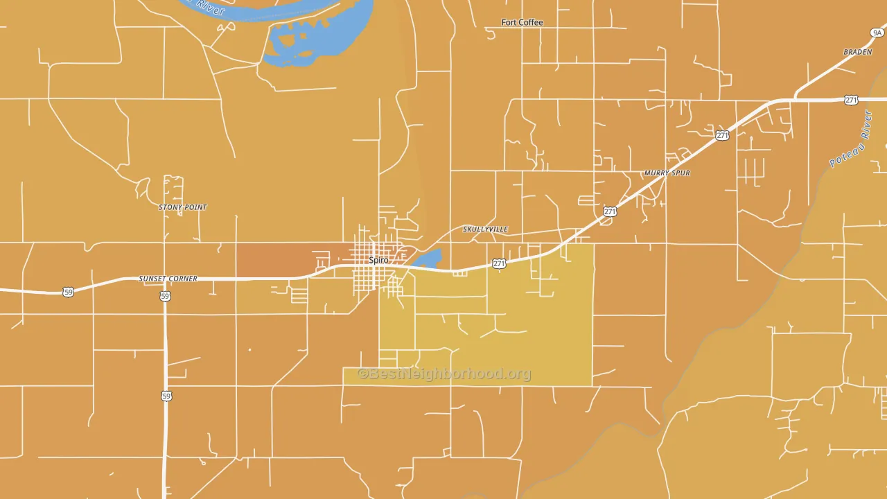 Map of the best neighborhoods in the Spiro area, with better matches in green and worse matches in red