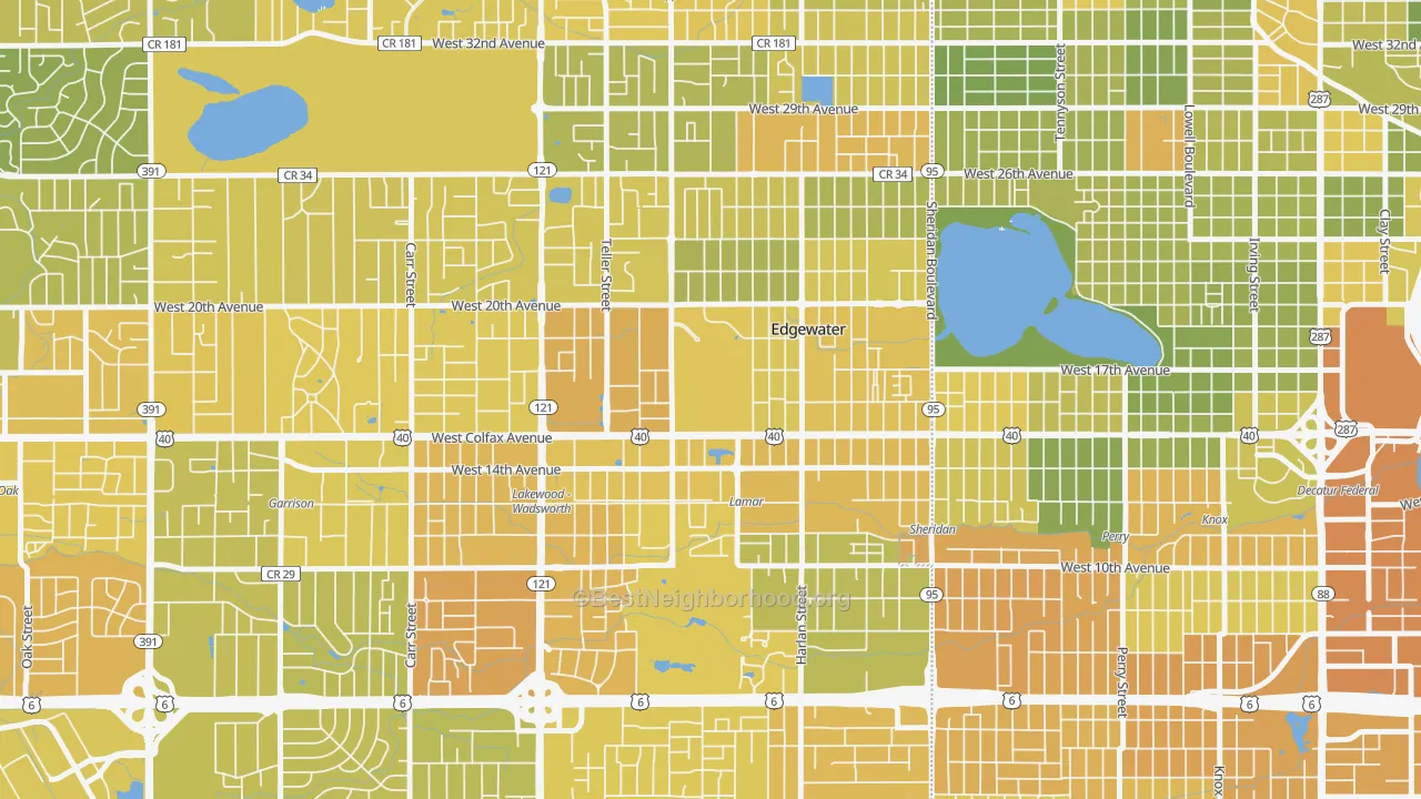 Map of the best neighborhoods in the Spivak, Edgewater area, with better matches in green and worse matches in red