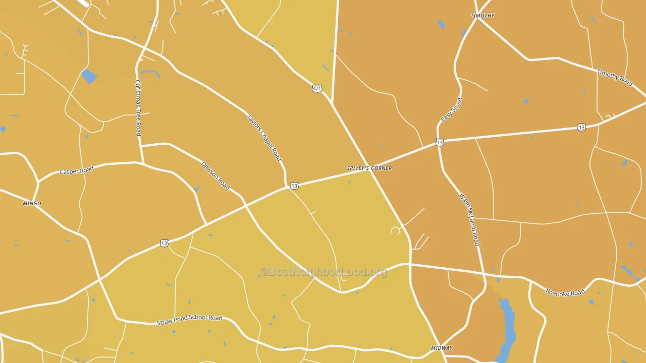 Map of the best neighborhoods in the Spiveys Corner area, with better matches in green and worse matches in red