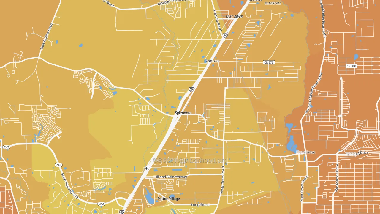 Map of the best neighborhoods in the Splendora area, with better matches in green and worse matches in red