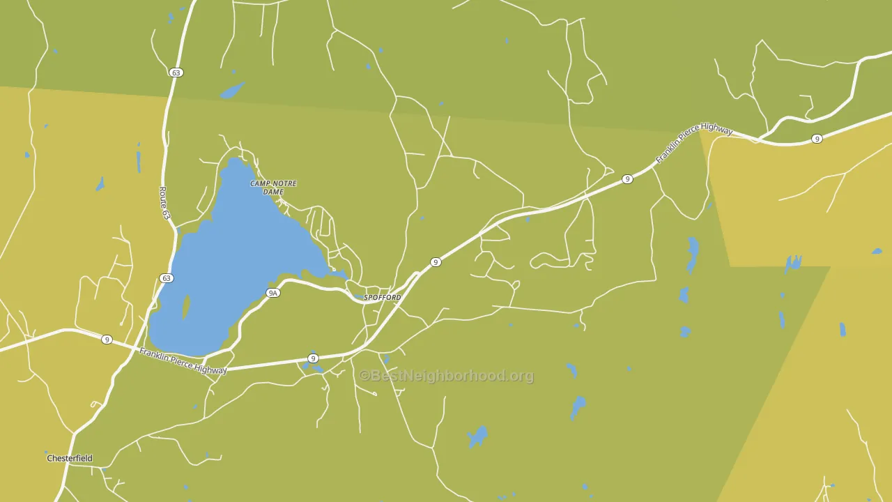 Map of the best neighborhoods in the Spofford area, with better matches in green and worse matches in red