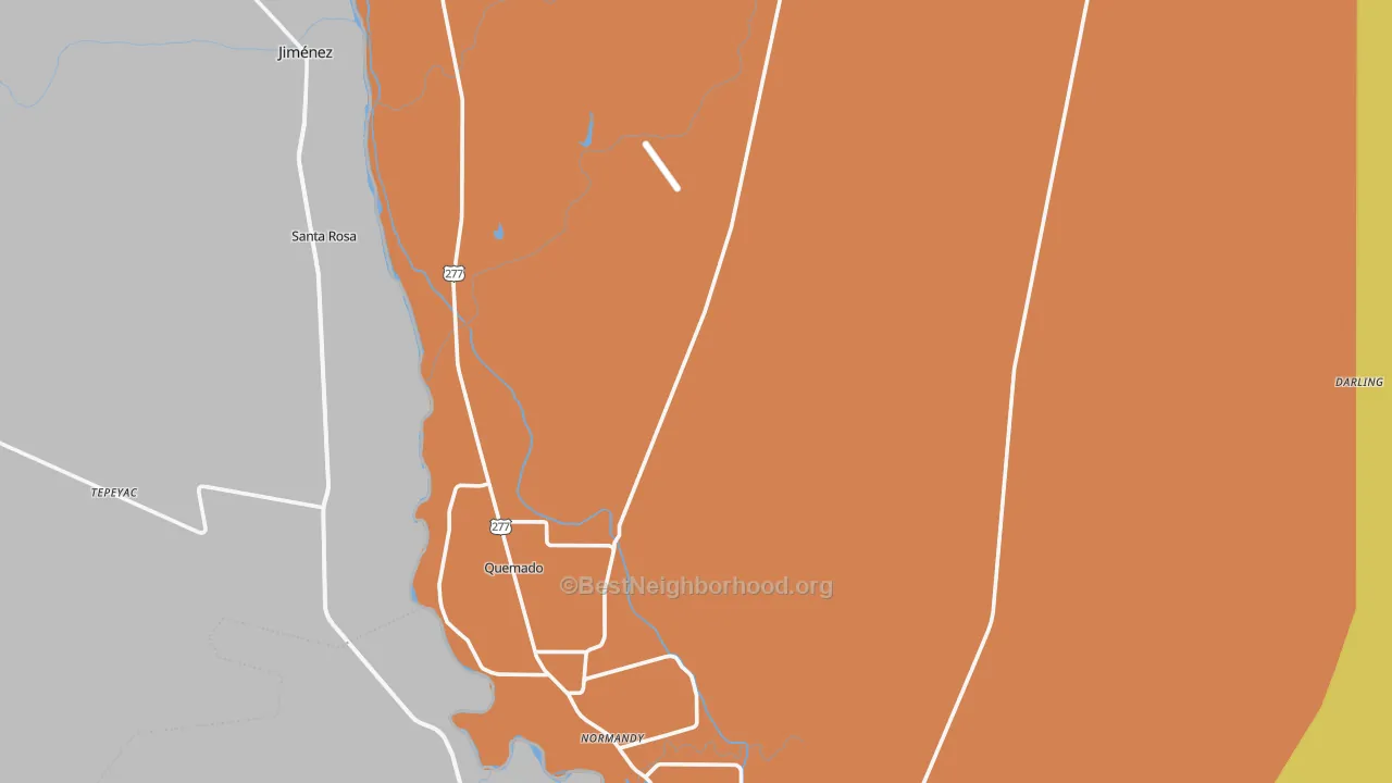 Map of the best neighborhoods in the Spofford area, with better matches in green and worse matches in red
