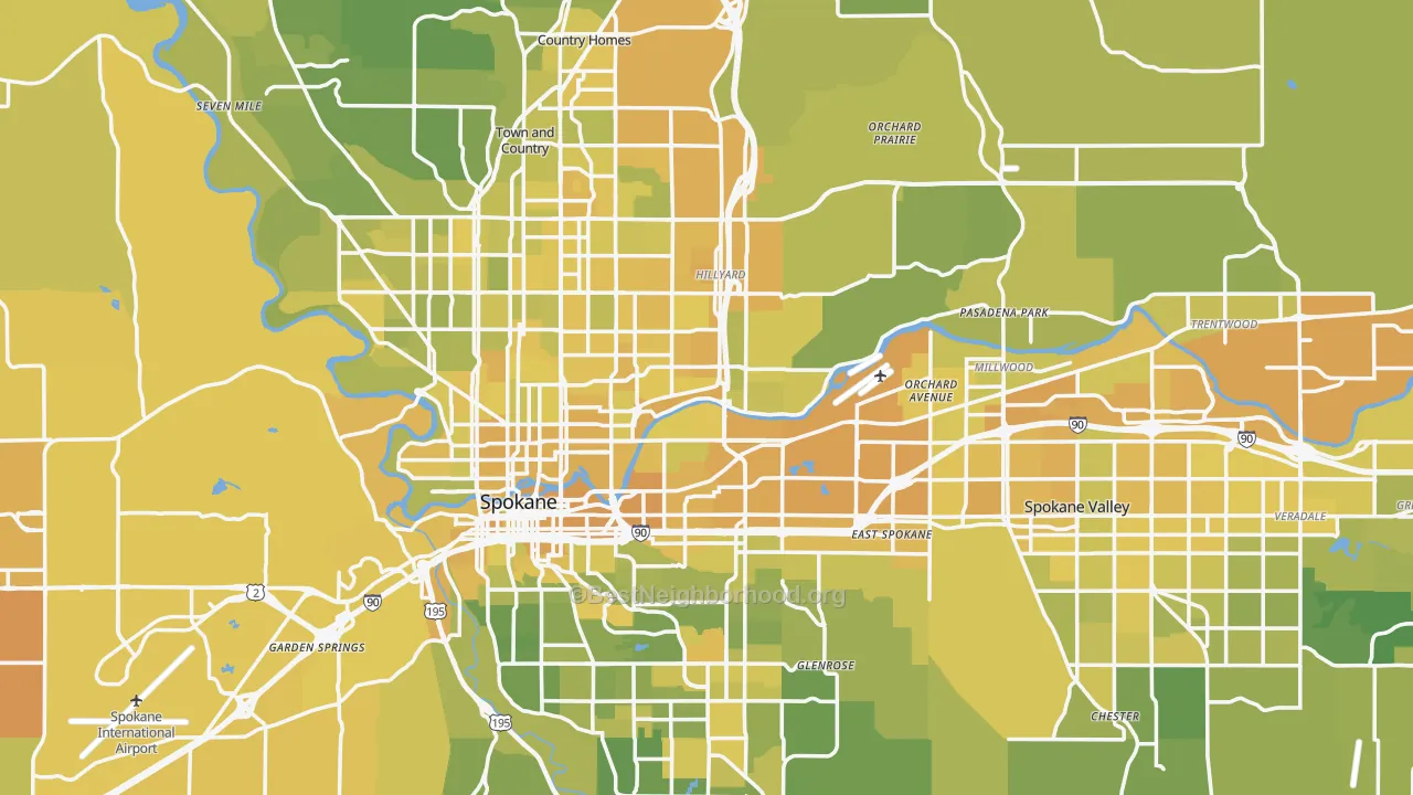 Map of the best neighborhoods in the Spokane County area, with better matches in green and worse matches in red