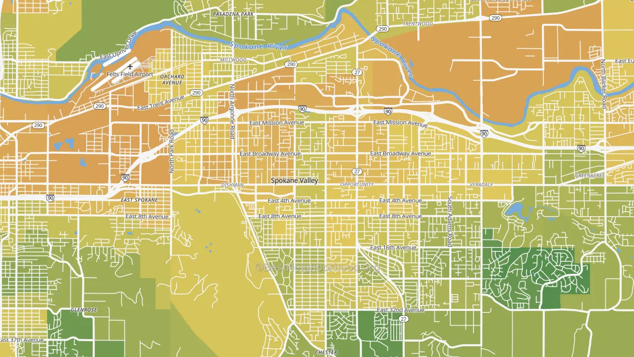 Map of the best neighborhoods in the Spokane Valley area, with better matches in green and worse matches in red