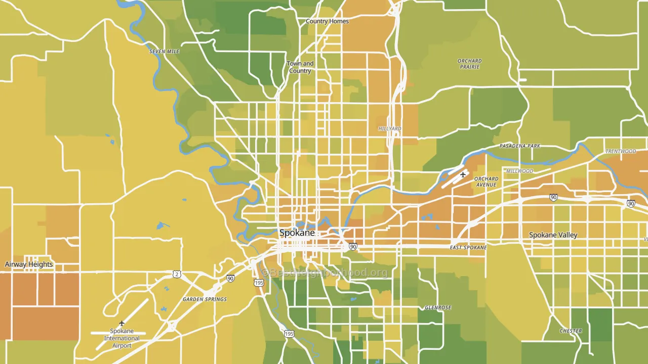 Map of the best neighborhoods in the Spokane Metro area, with better matches in green and worse matches in red