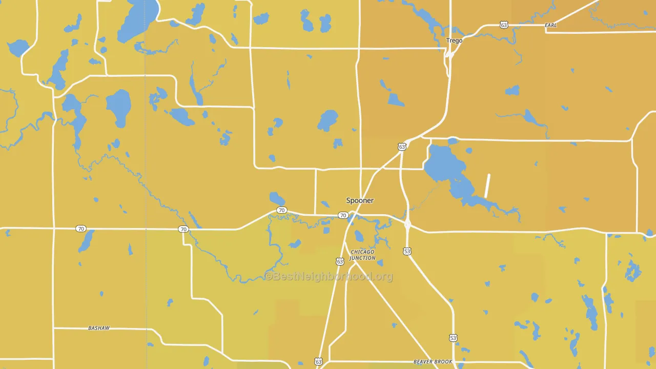 Map of the best neighborhoods in the Spooner area, with better matches in green and worse matches in red
