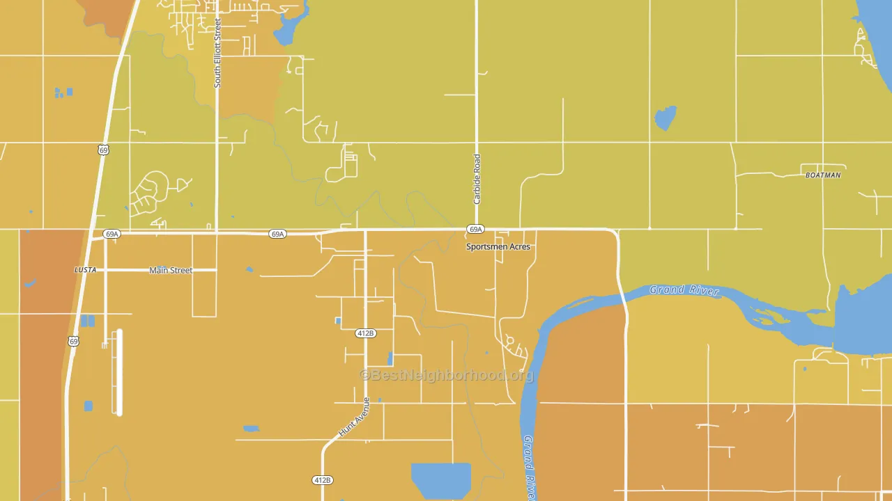 Map of the best neighborhoods in the Sportsmen Acres area, with better matches in green and worse matches in red