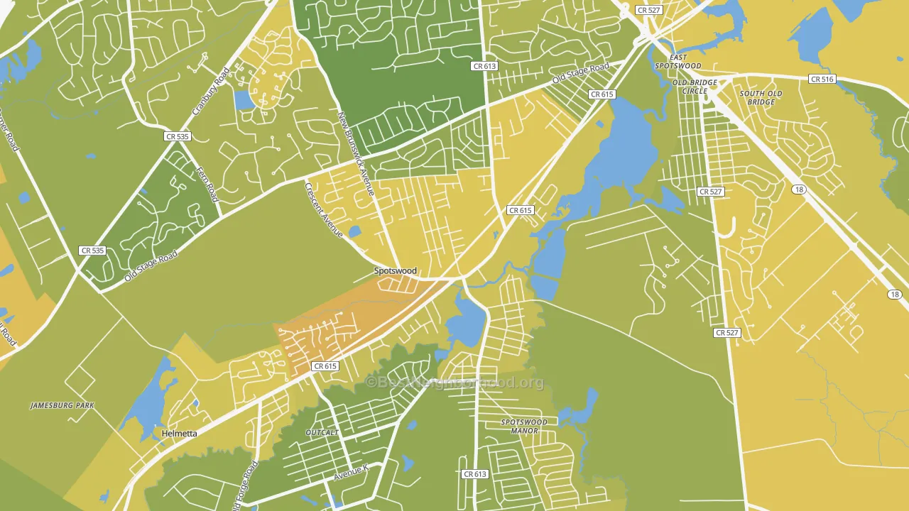 Map of the best neighborhoods in the Spotswood area, with better matches in green and worse matches in red