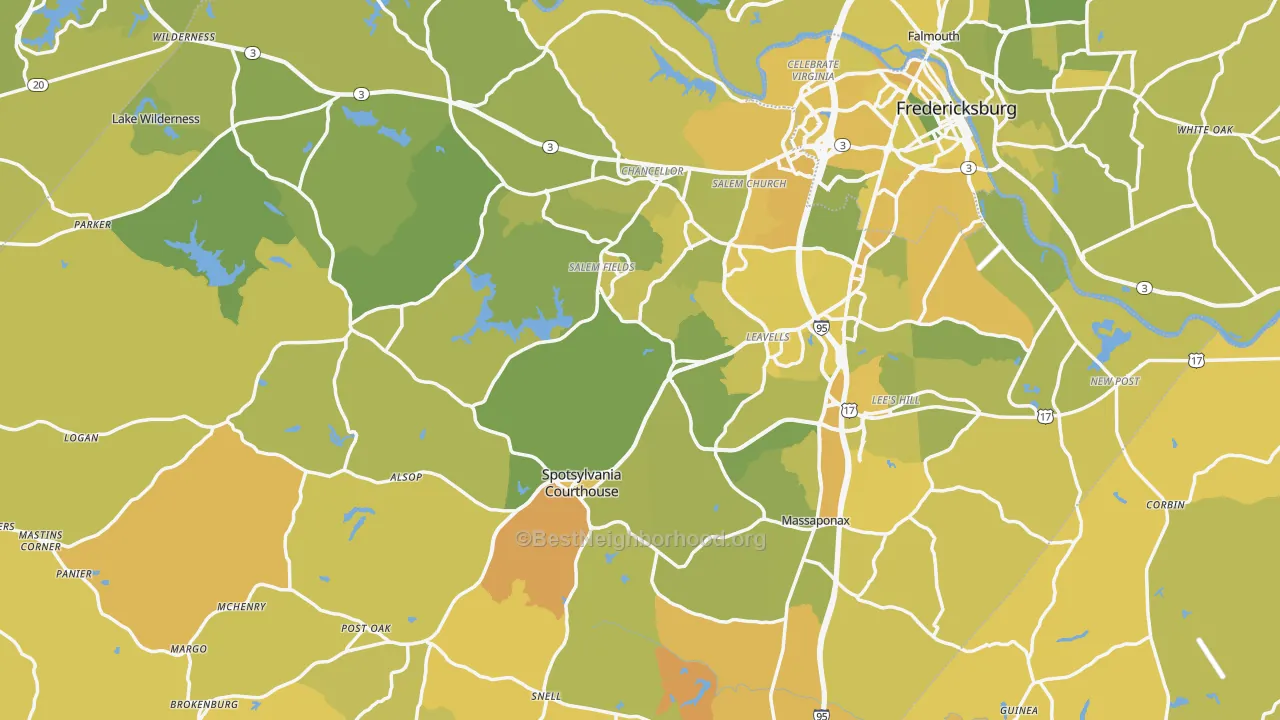 Map of the best neighborhoods in the Spotsylvania County area, with better matches in green and worse matches in red