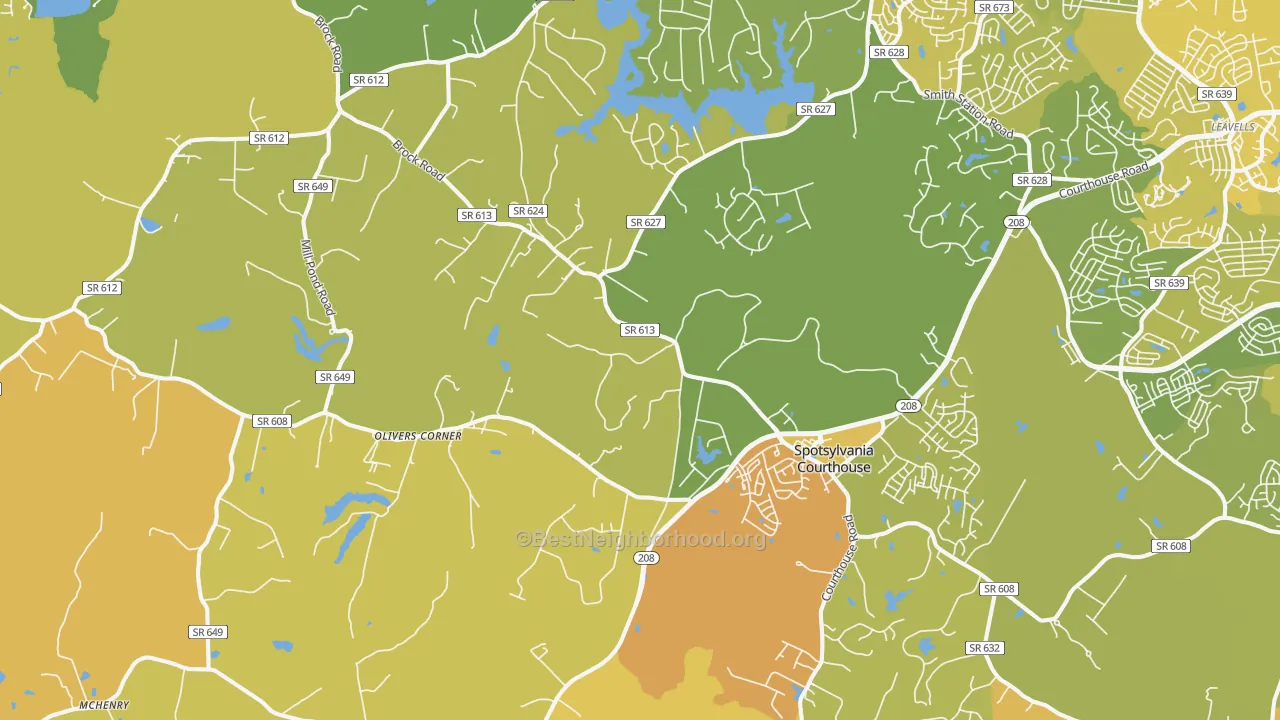 Map of the best neighborhoods in the Spotsylvania Courthouse area, with better matches in green and worse matches in red