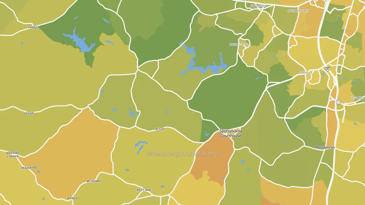 Map of the best neighborhoods in the Spotsylvania area, with better matches in green and worse matches in red