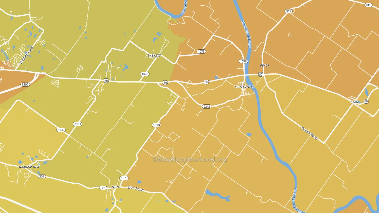 Map of the best neighborhoods in the Spottsville area, with better matches in green and worse matches in red