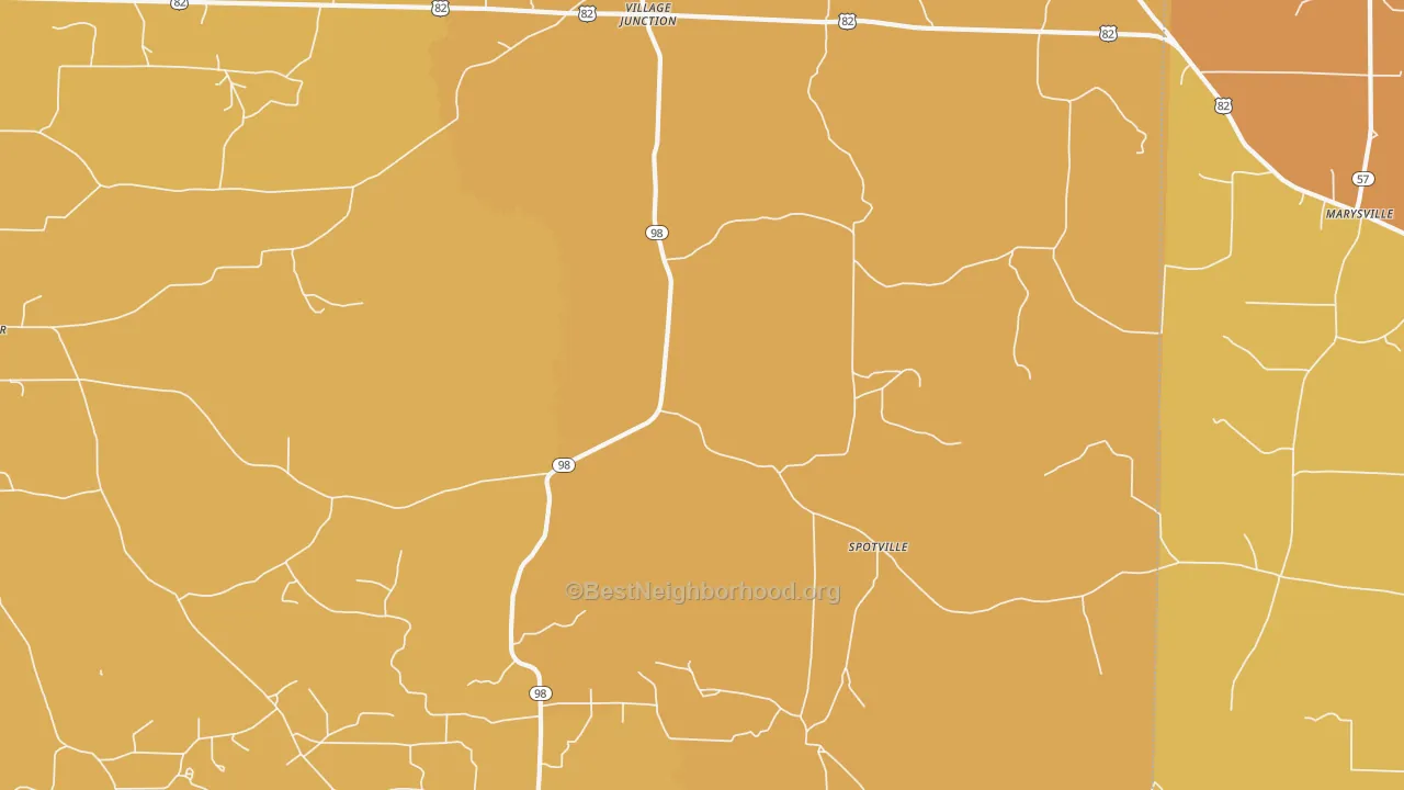 Map of the best neighborhoods in the Spotville area, with better matches in green and worse matches in red