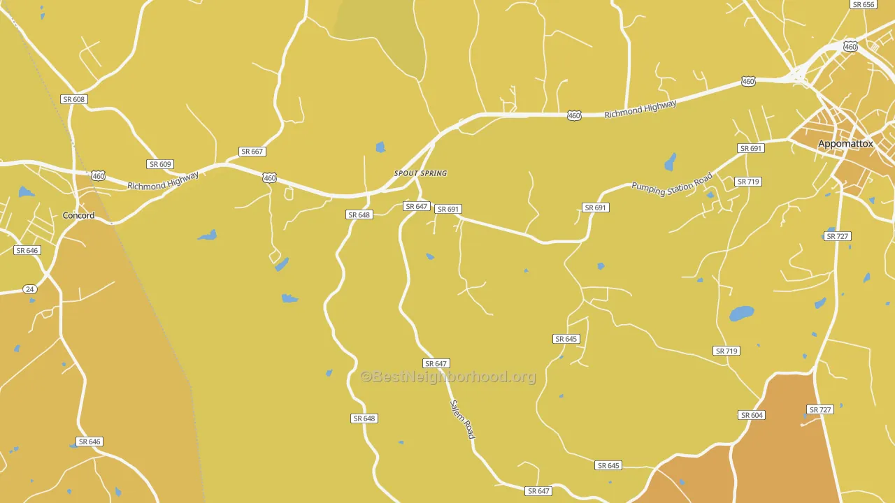 Map of the best neighborhoods in the Spout Spring area, with better matches in green and worse matches in red