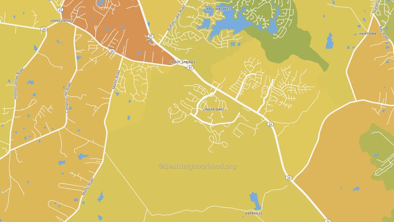 Map of the best neighborhoods in the Spout Springs area, with better matches in green and worse matches in red