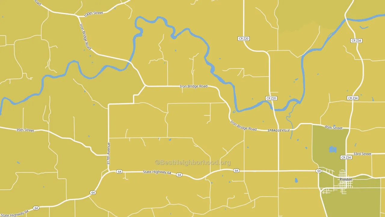 Map of the best neighborhoods in the Spragueville area, with better matches in green and worse matches in red