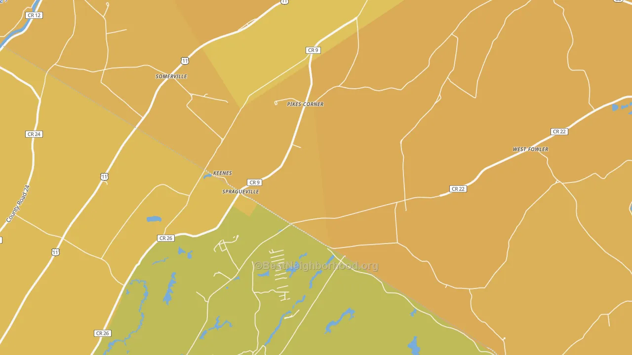 Map of the best neighborhoods in the Spragueville area, with better matches in green and worse matches in red