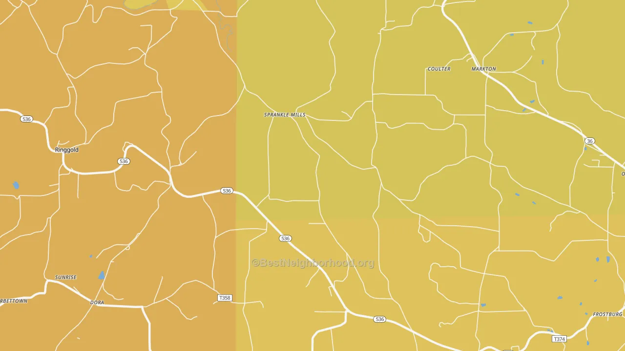 Map of the best neighborhoods in the Sprankle Mills area, with better matches in green and worse matches in red