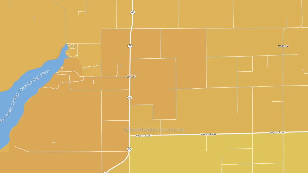 Map of the best neighborhoods in the Spratt area, with better matches in green and worse matches in red