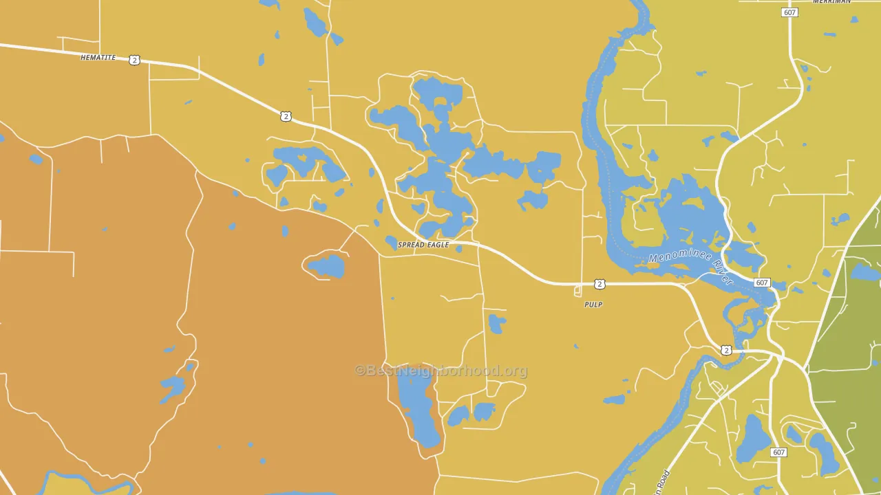 Map of the best neighborhoods in the Spread Eagle area, with better matches in green and worse matches in red