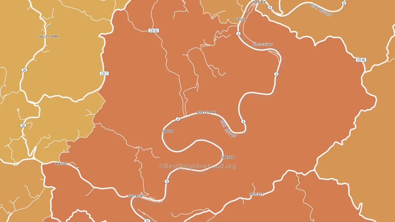 Map of the best neighborhoods in the Spread area, with better matches in green and worse matches in red