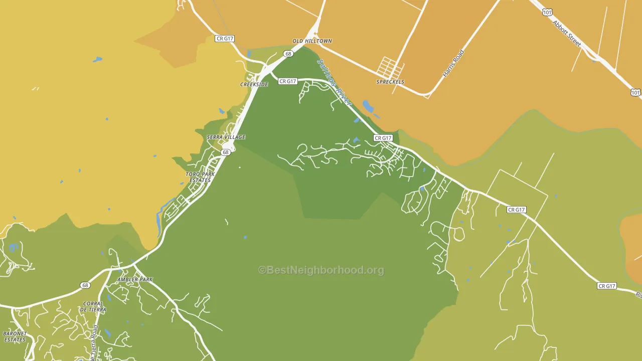 Map of the best neighborhoods in the Spreckels area, with better matches in green and worse matches in red