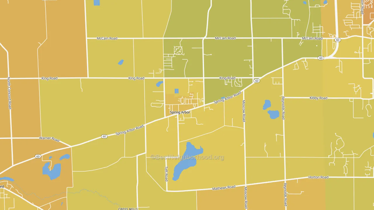 Map of the best neighborhoods in the Spring Arbor area, with better matches in green and worse matches in red