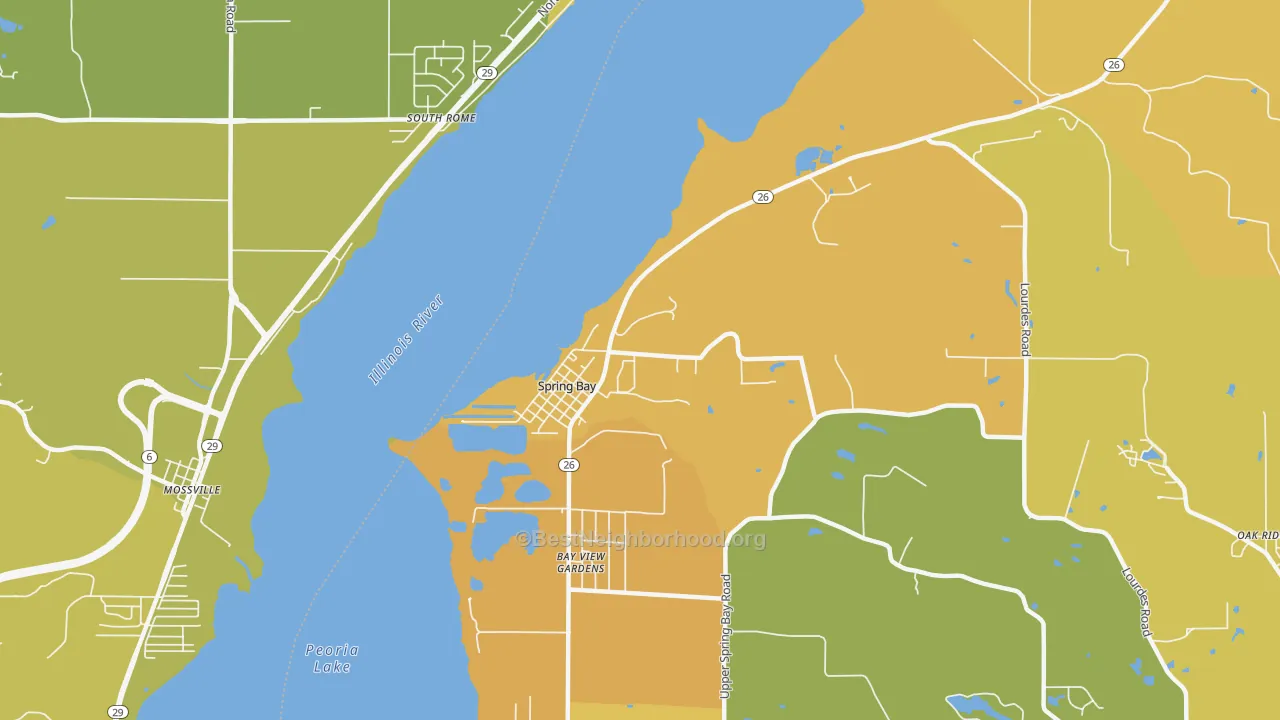 Map of the best neighborhoods in the Spring Bay area, with better matches in green and worse matches in red