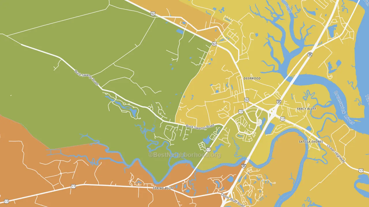 Map of the best neighborhoods in the Spring Bluff area, with better matches in green and worse matches in red
