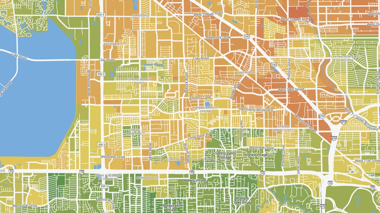 Map of the best neighborhoods in the Spring Branch, Houston area, with better matches in green and worse matches in red