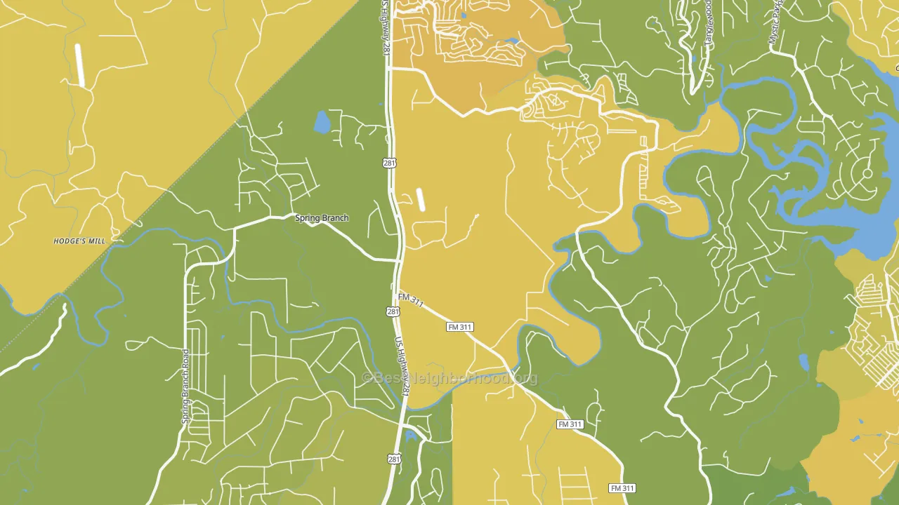 Map of the best neighborhoods in the Spring Branch area, with better matches in green and worse matches in red