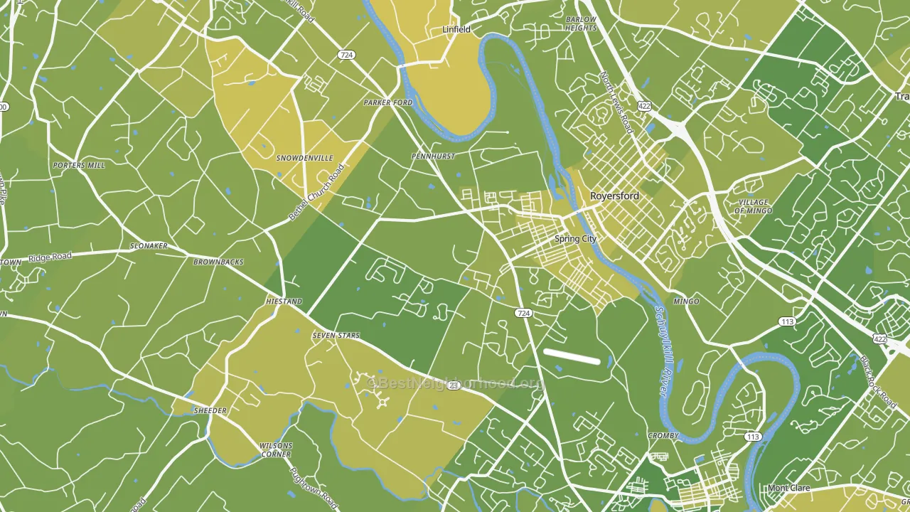 Map of the best neighborhoods in the Spring City area, with better matches in green and worse matches in red