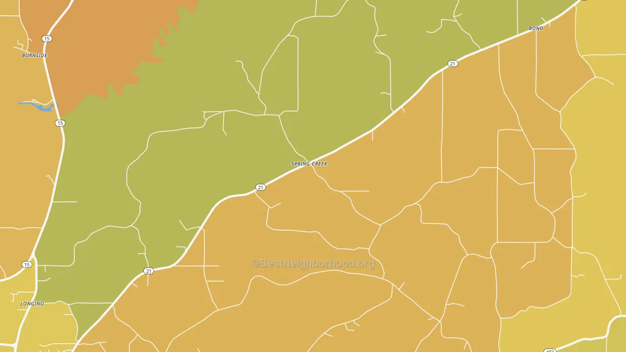 Map of the best neighborhoods in the Spring Creek area, with better matches in green and worse matches in red
