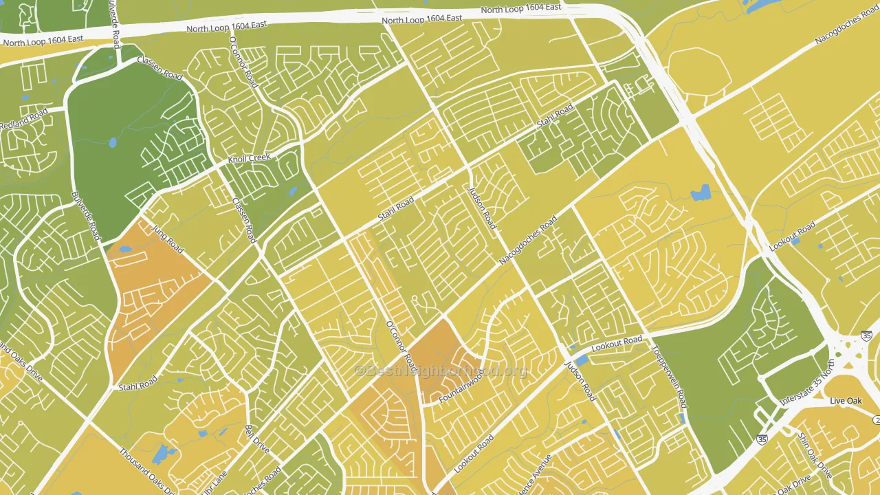 Map of the best neighborhoods in the Spring Creek, San Antonio area, with better matches in green and worse matches in red