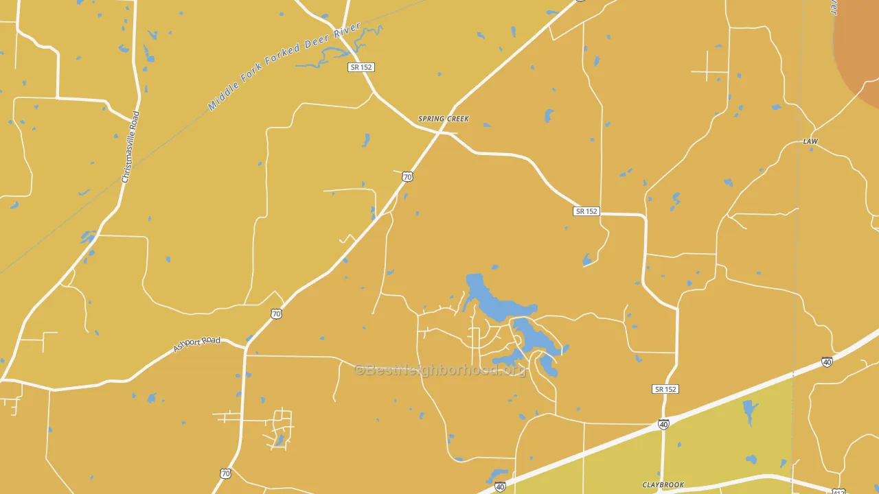 Map of the best neighborhoods in the Spring Creek area, with better matches in green and worse matches in red