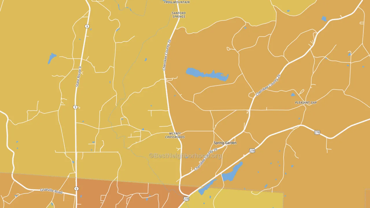 Map of the best neighborhoods in the Spring Garden area, with better matches in green and worse matches in red