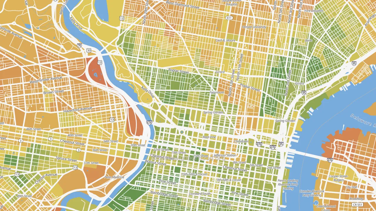 Map of the best neighborhoods in the Spring Garden, Philadelphia area, with better matches in green and worse matches in red