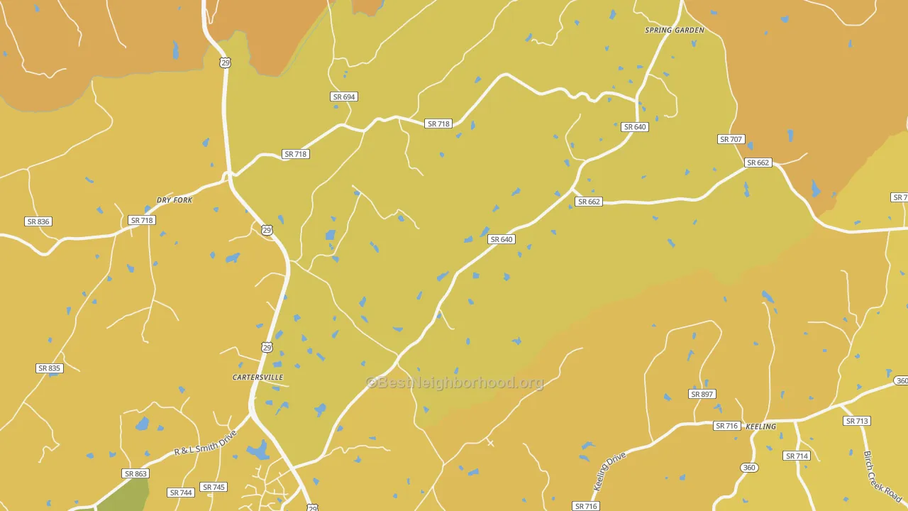 Map of the best neighborhoods in the Spring Garden area, with better matches in green and worse matches in red