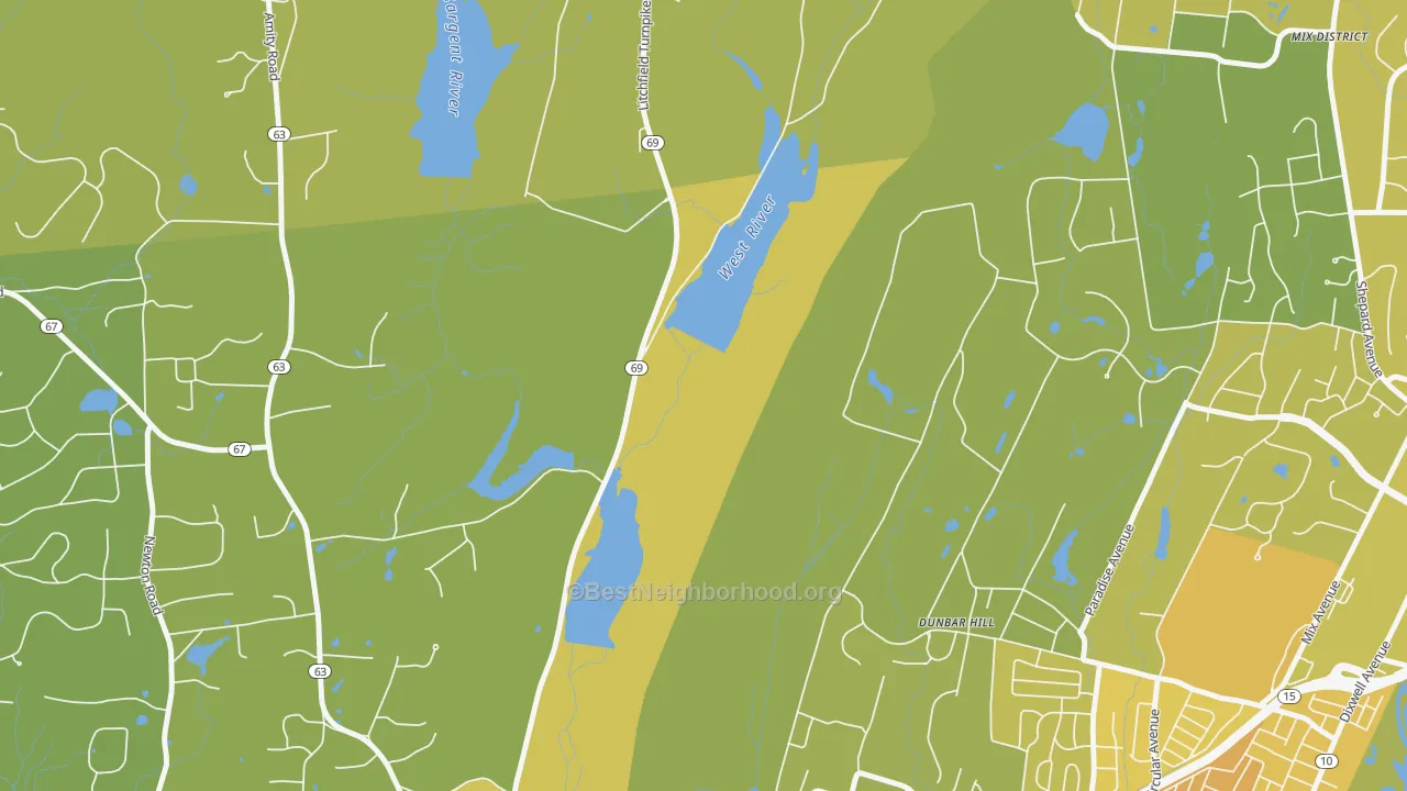 Map of the best neighborhoods in the Spring Glen area, with better matches in green and worse matches in red