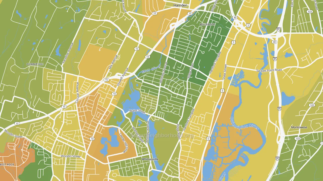 Map of the best neighborhoods in the Spring Glen, Hamden area, with better matches in green and worse matches in red
