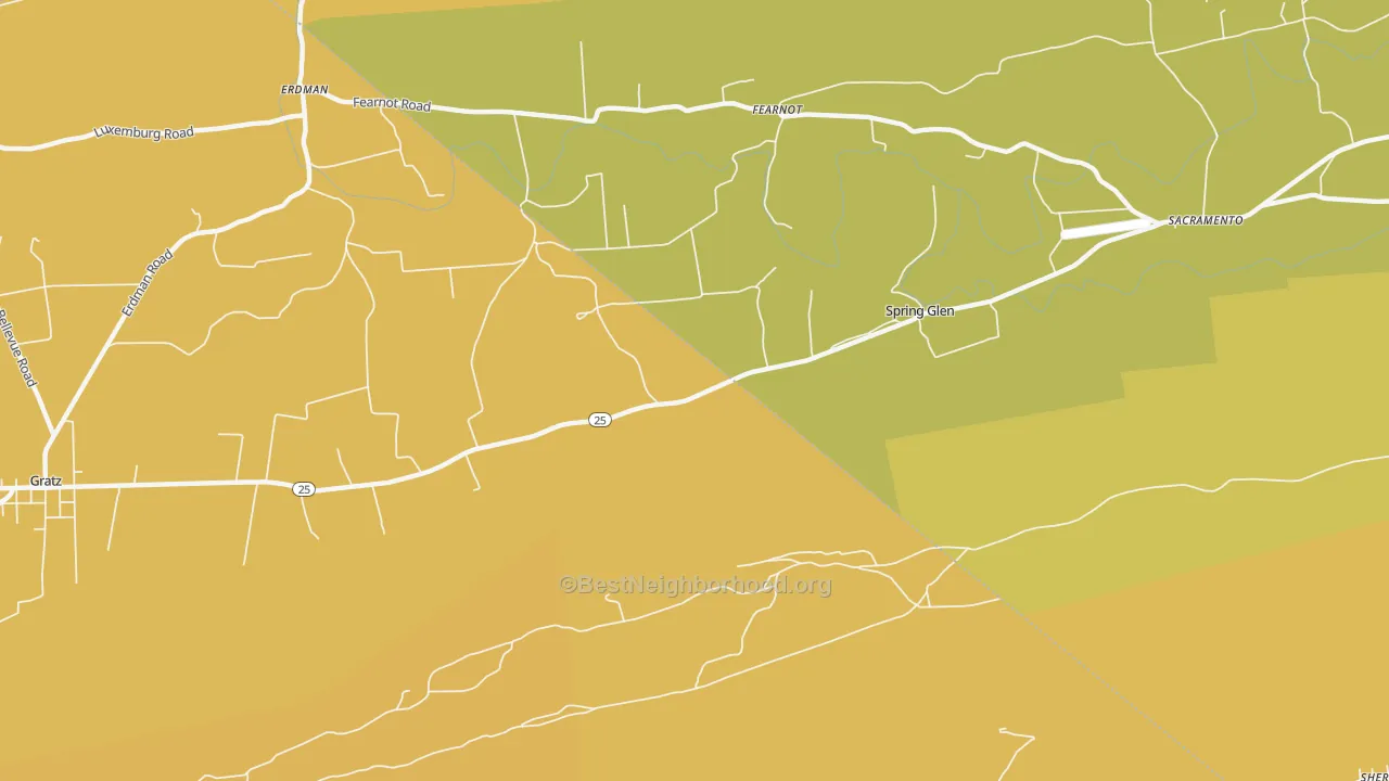 Map of the best neighborhoods in the Spring Glen area, with better matches in green and worse matches in red