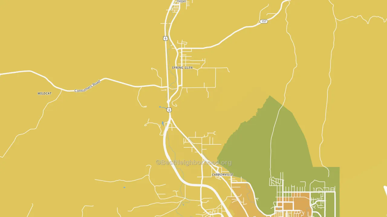 Map of the best neighborhoods in the Spring Glen area, with better matches in green and worse matches in red